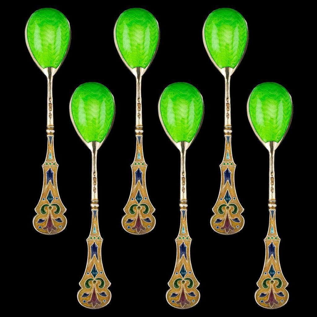 Description
Antique 20th century rare Imperial Russian solid silver set of six coffee spoons, each richly gilt, beautifully enamelled in various styles, Plique-à-jour, guilloche and champleve.

Each piece is Hallmarked Russian Silver 84, (875