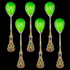 Antique Russian Solid Silver Gilt Six Plique-a-jour Enamel Spoons, circa 1900