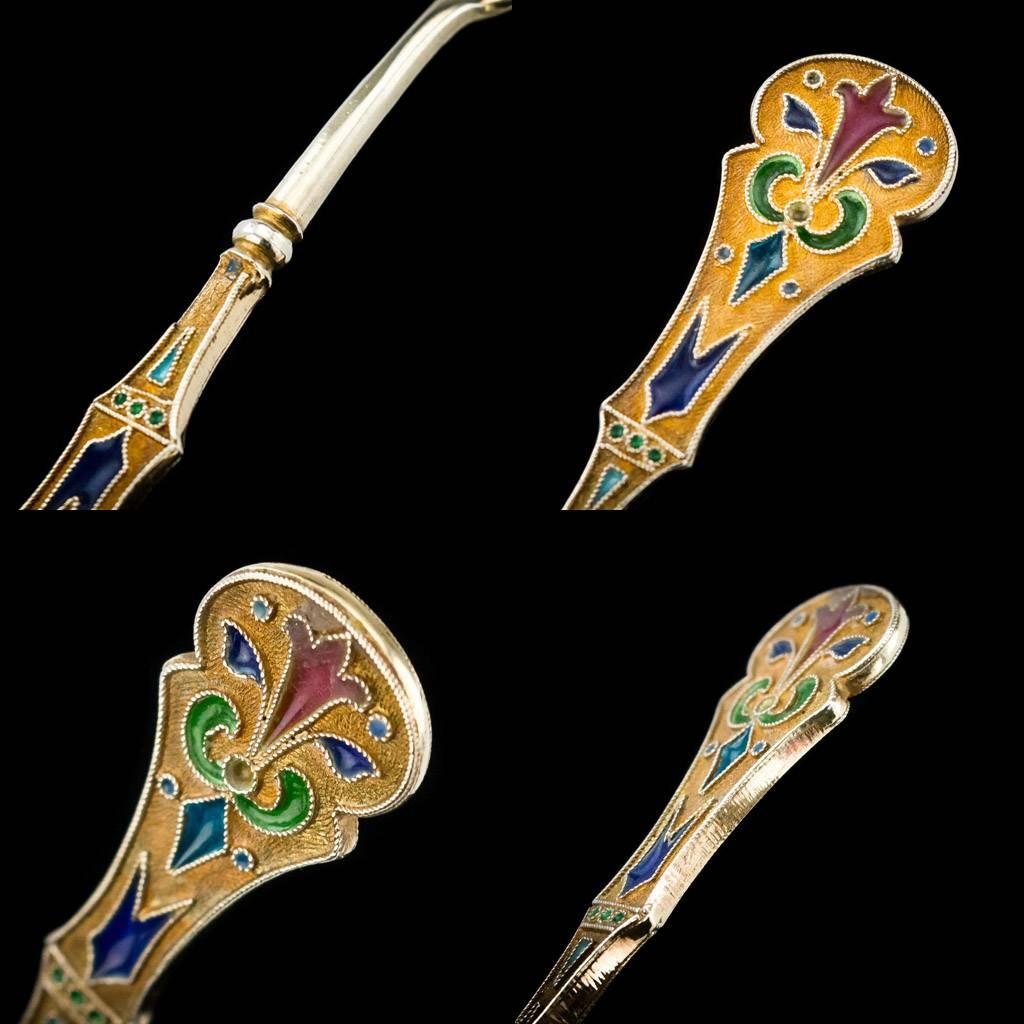 Antique Russian Solid Silver Gilt Six Plique-a-jour Enamel Spoons, circa 1900 2