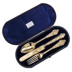 Antique Victorian Solid Silver Gilt Canova Christening Set, G Adams, circa 1875