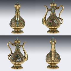 Vintage Chinese Solid Silver and Enamel Exceptional Sake Set on Tray, circa 1970