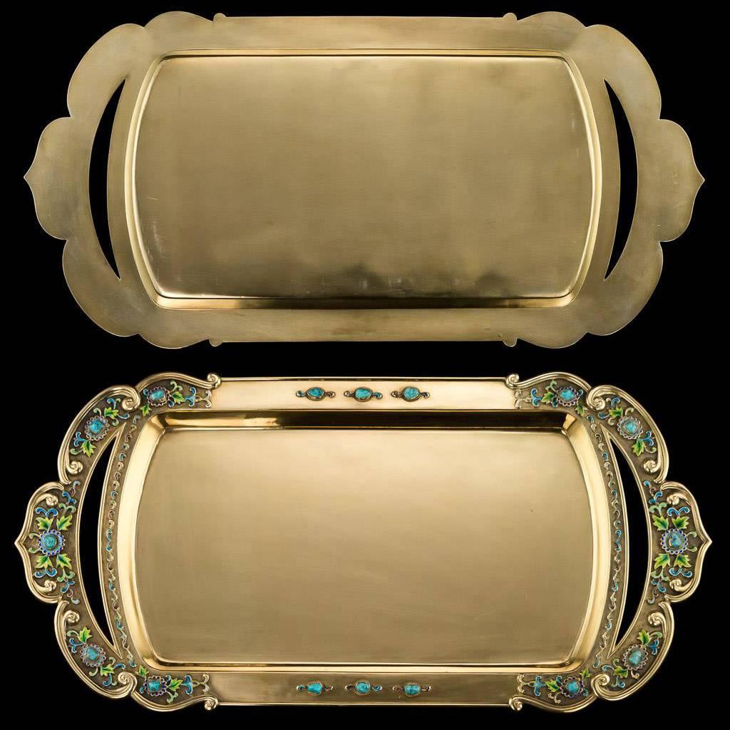 20th Century Vintage Chinese Solid Silver and Enamel Exceptional Sake Set on Tray, circa 1970