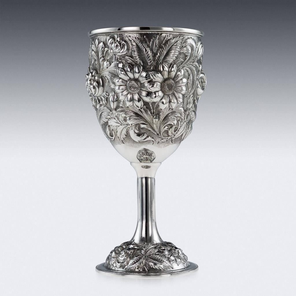 Antique Style Solid Silver Set of 12 Embossed Goblets, circa 2010 In Excellent Condition In Royal Tunbridge Wells, Kent