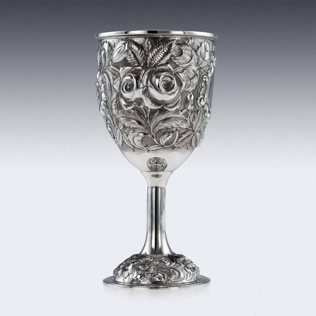 Contemporary Antique Style Solid Silver Set of 12 Embossed Goblets, circa 2010