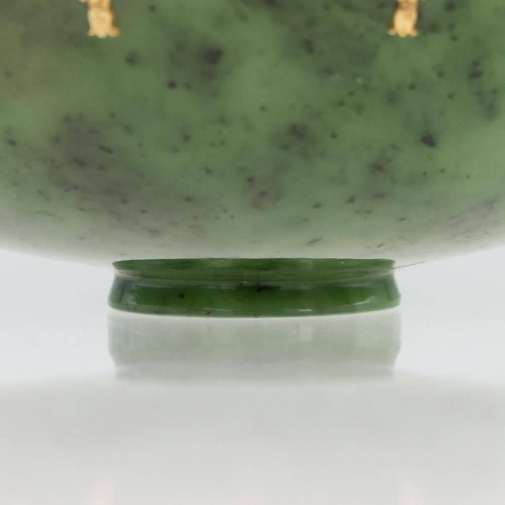 Stunning 20th century Russian style bowl, Nephrite body applied with laurel garlands suspended from a reeded gold ring, the top set with thistle shaped plaque-a-jour enamel. The detachable stand adorned with laurel garlands, bright diamond in