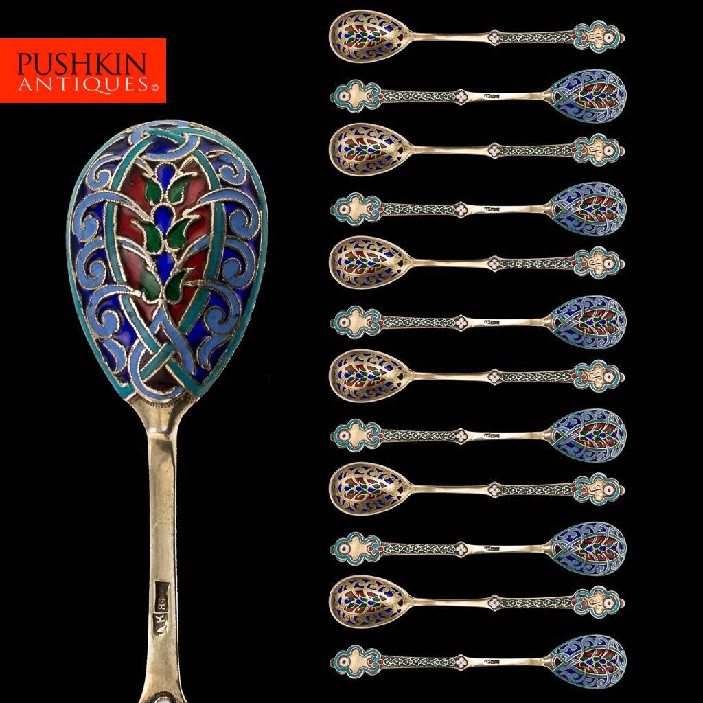 Antique 19th century exceptionally rare Imperial Russian solid silver set of 12 tea spoons, each beautifully cloisonné and plique-a-jour enamelled with brightly colored foliate and floral ornaments, the handles are cloisonné enamelled depicting