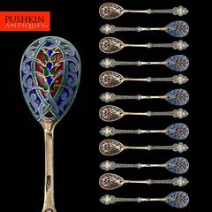 Antique Russian Solid Silver Plique a Jour & Cloisonné Enamel Spoons, circa 1890