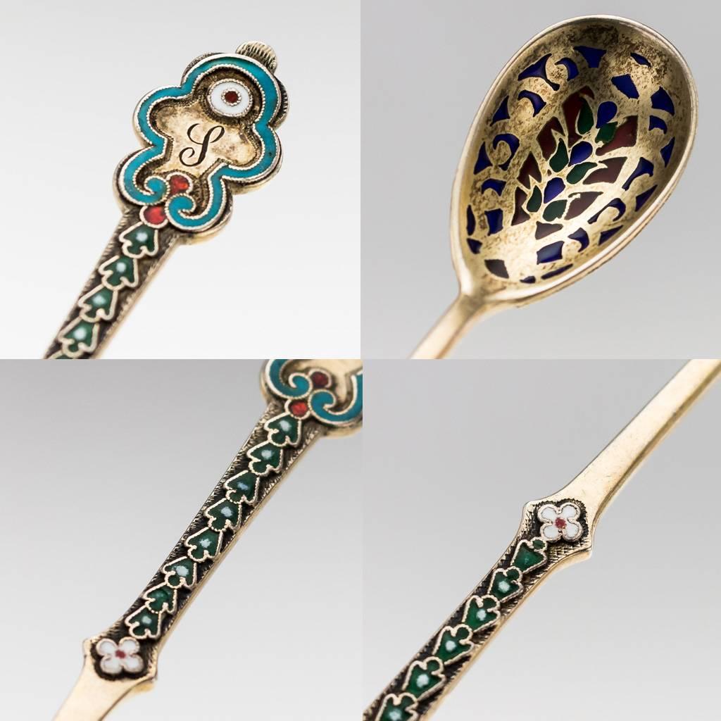 Antique Russian Solid Silver Plique a Jour & Cloisonné Enamel Spoons, circa 1890 3