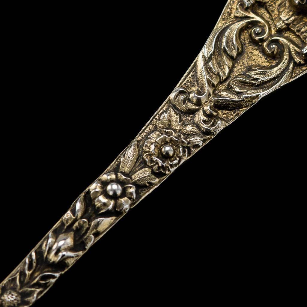 19th Century Antique Victorian Solid Silver Gilt Decorative Spoons, H W Curry, circa 1875