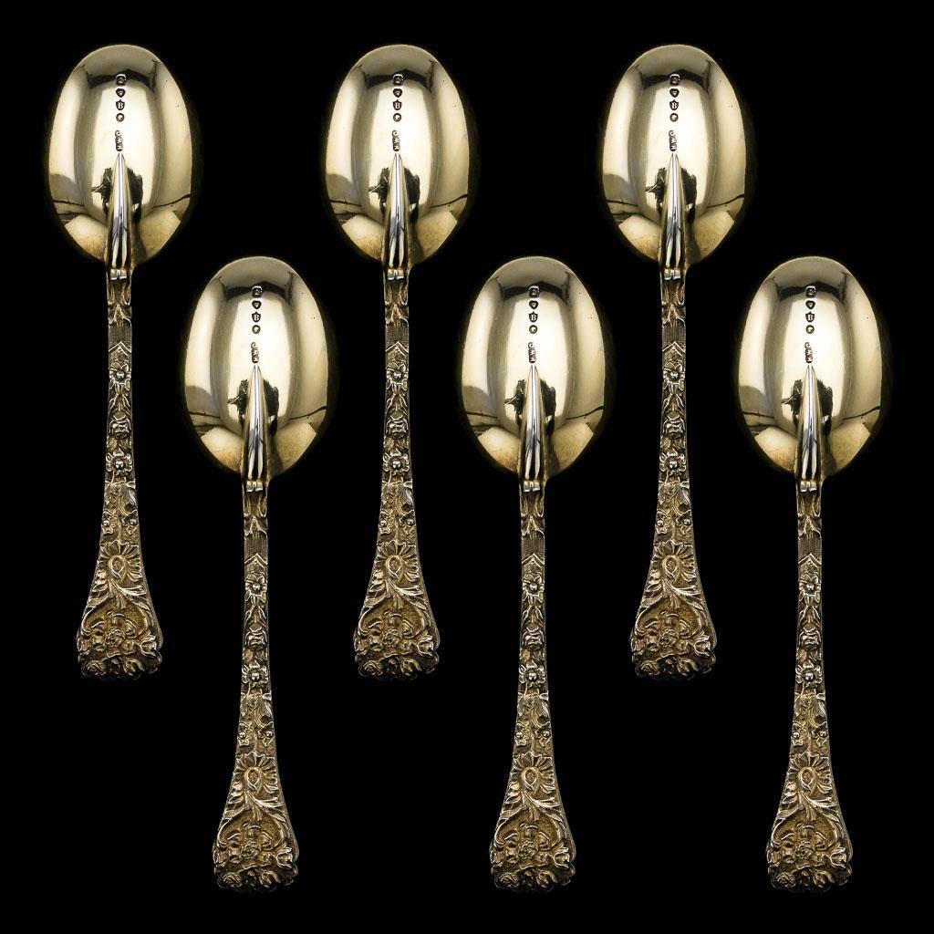 English Antique Victorian Solid Silver Gilt Decorative Spoons, H W Curry, circa 1875