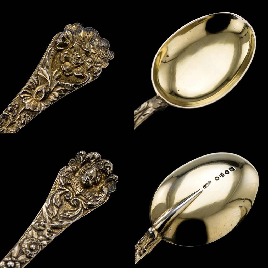 Sterling Silver Antique Victorian Solid Silver Gilt Decorative Spoons, H W Curry, circa 1875