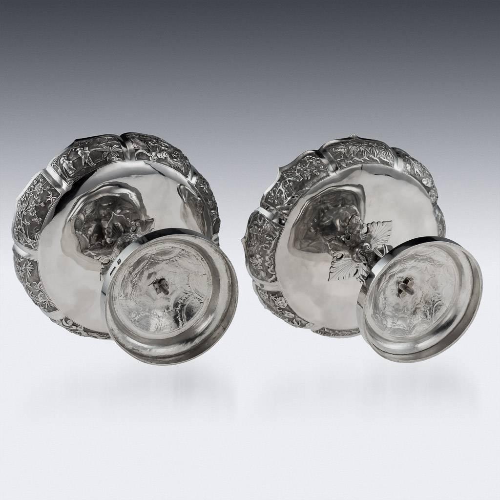 19th Century Antique Chinese Export Solid Silver Pair of Tazzas, Wang Hing, 1890