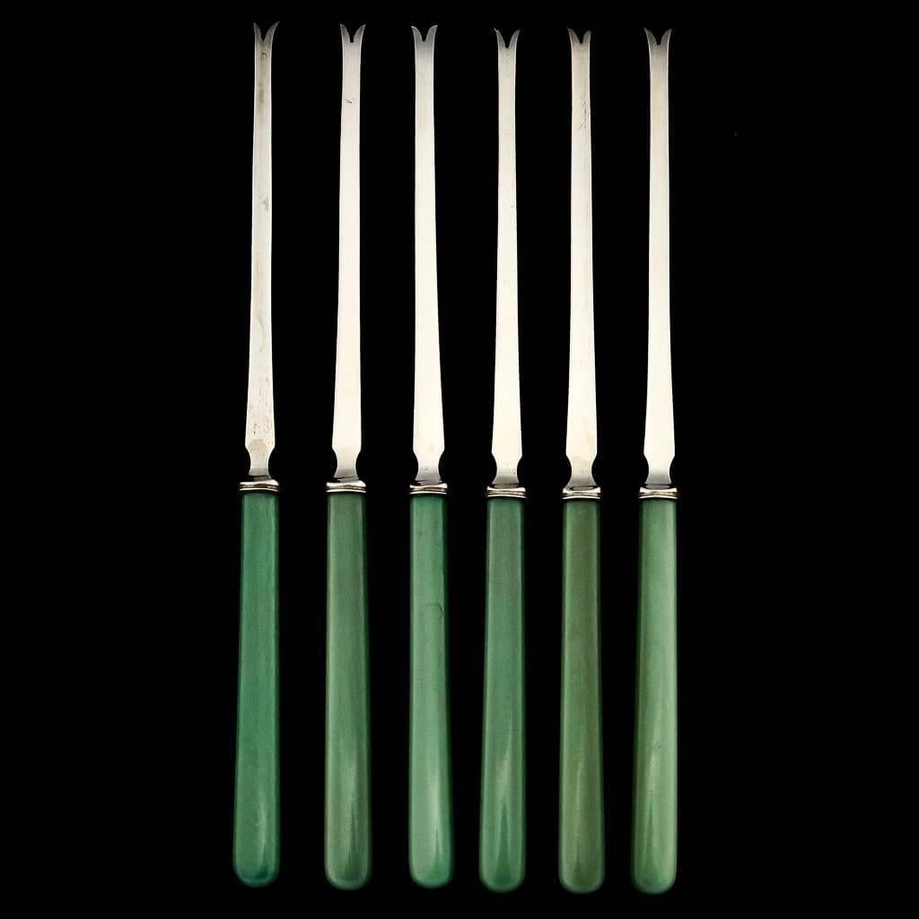 English Antique Rare Solid Silver Cased Set of Six Lobster Picks, Sheffield, circa 1930