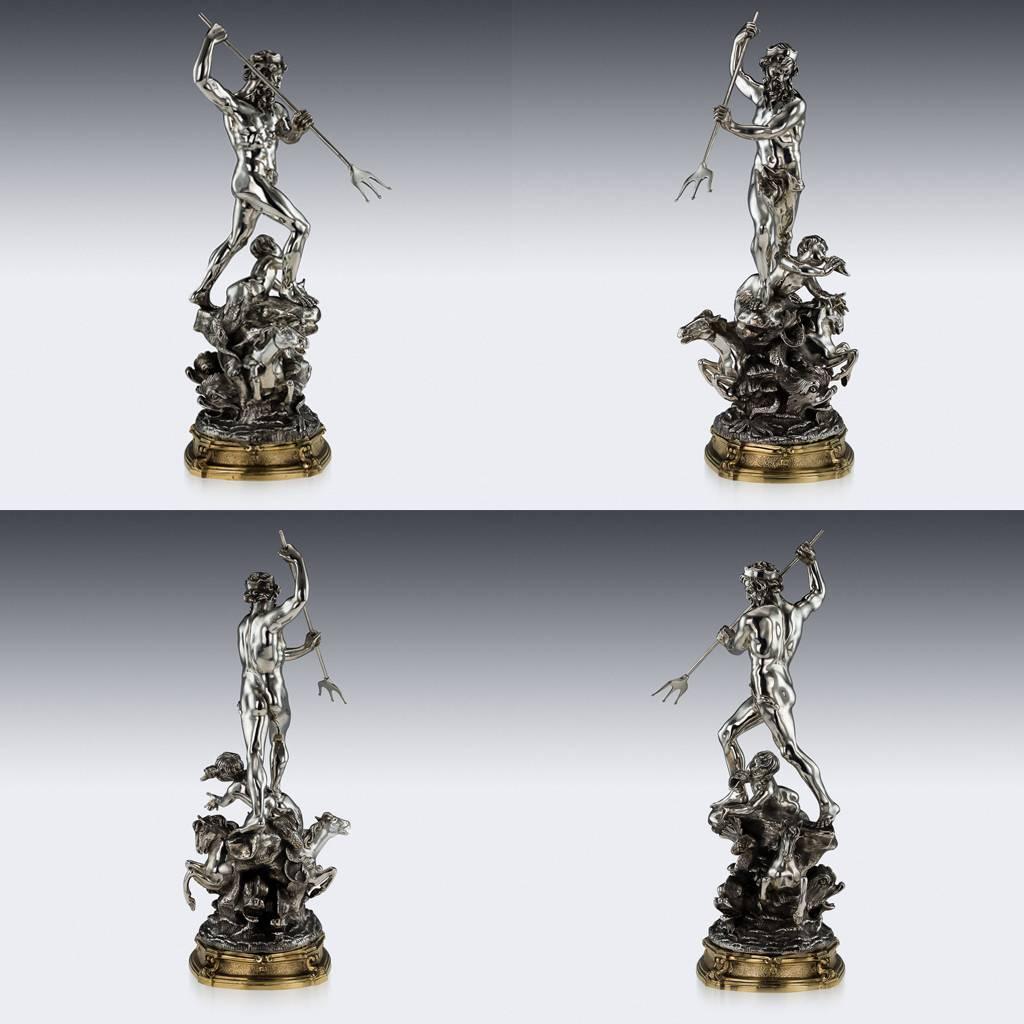 Antique 20th century Italian E.Avolio solid silver group of sculptures on ormolu bases, a larger statue of Neptune flanked by two smaller statues, each beautifully modelled as sea gods.

The quality of the sculptures is very fine, heavy and well