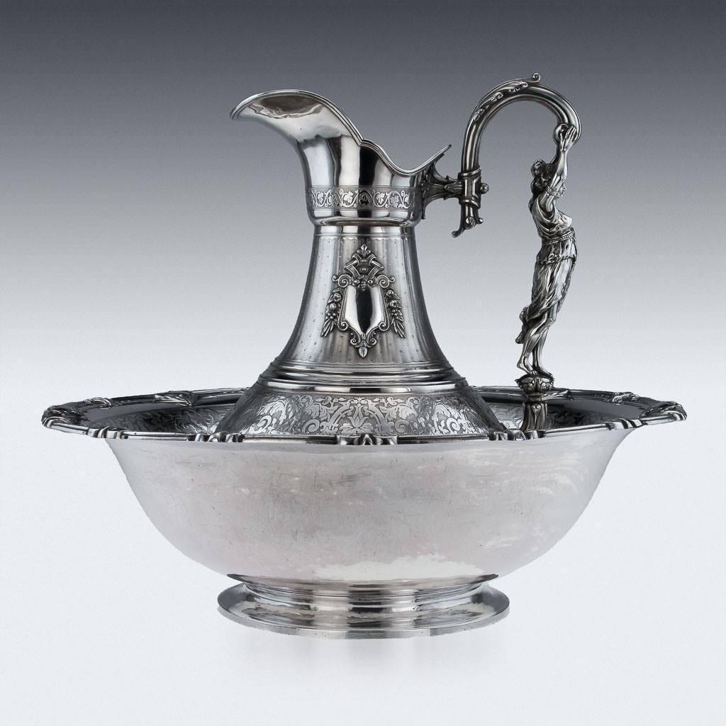 Antique French Solid Silver Exceptional Figural Ewer and Basin, Paris circa 1880 3