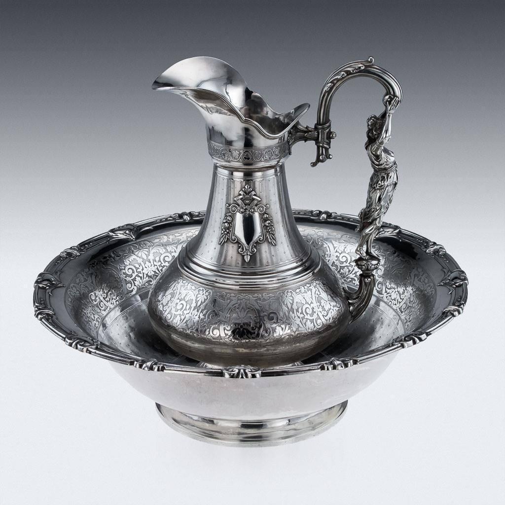 Antique French Solid Silver Exceptional Figural Ewer and Basin, Paris circa 1880 4
