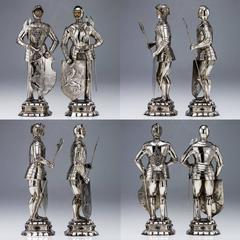 Antique 20th Century, German Solid Silver Pair of Massive Knight Figures