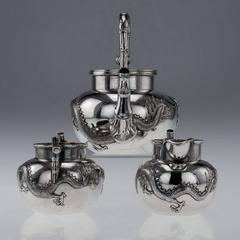 19th Century Chinese Export Solid Silver Dragon Tea Set, Wing Cheong, circa 1890
