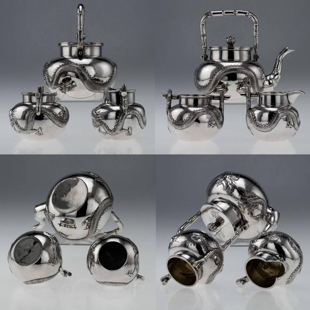 19th Century Chinese Export Solid Silver Dragon Tea Set, Wing Cheong, circa 1890 In Excellent Condition In Royal Tunbridge Wells, Kent