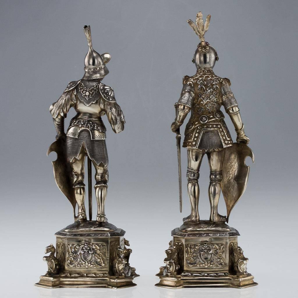Antique 20th Century, German Solid Silver Pair of Large Knight Figures, Hanau 1