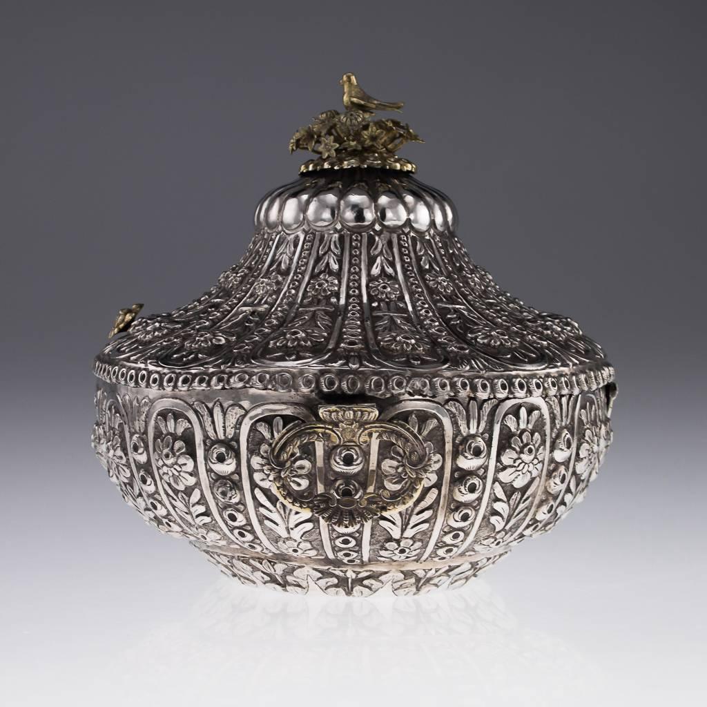 Antique late-19th century very rare ottoman empire solid silver repousse' jewellery box, of oval form, exceptionally large size, with ribbed and tapering cover with bulbous ribbed top, the decoration featuring vertical flutes decorated with long