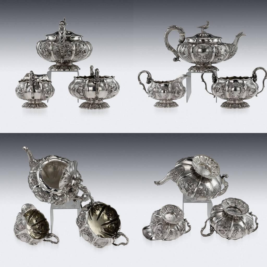 English 19th Century Regency Silver Three-Piece Pheasant Tea Set London, circa 1824