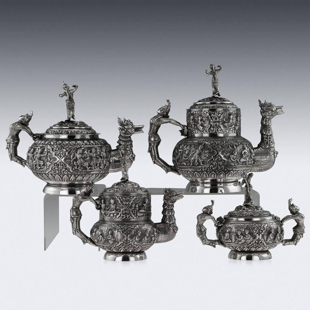 Antique Burmese Solid Silver Sculptural Tea & Coffee Set on Tray, circa 1903 In Excellent Condition In Royal Tunbridge Wells, Kent