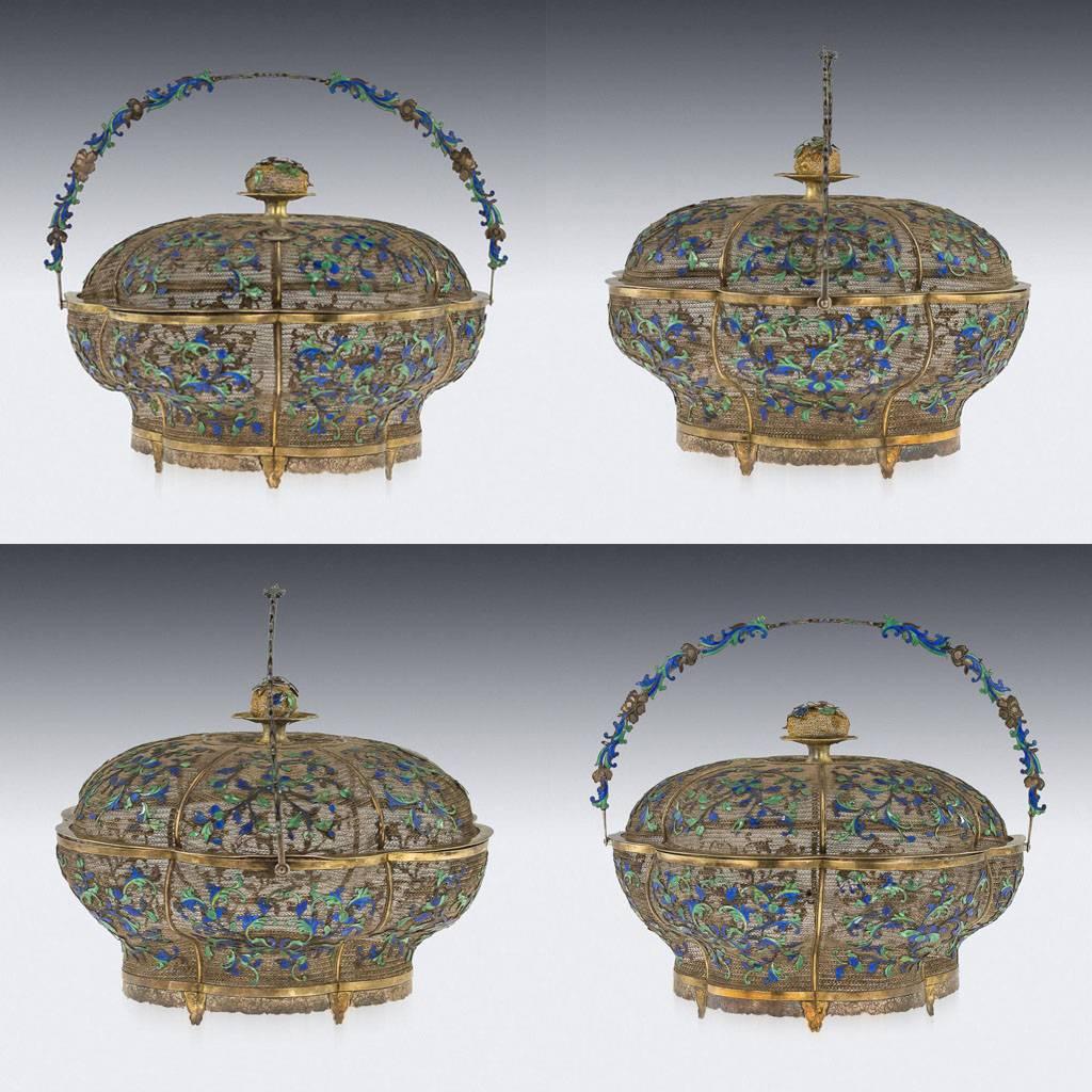 18th Century and Earlier Antique Rare Chinese Solid Silver & Enamel Lidded Basket, Cutshing, circa 1790