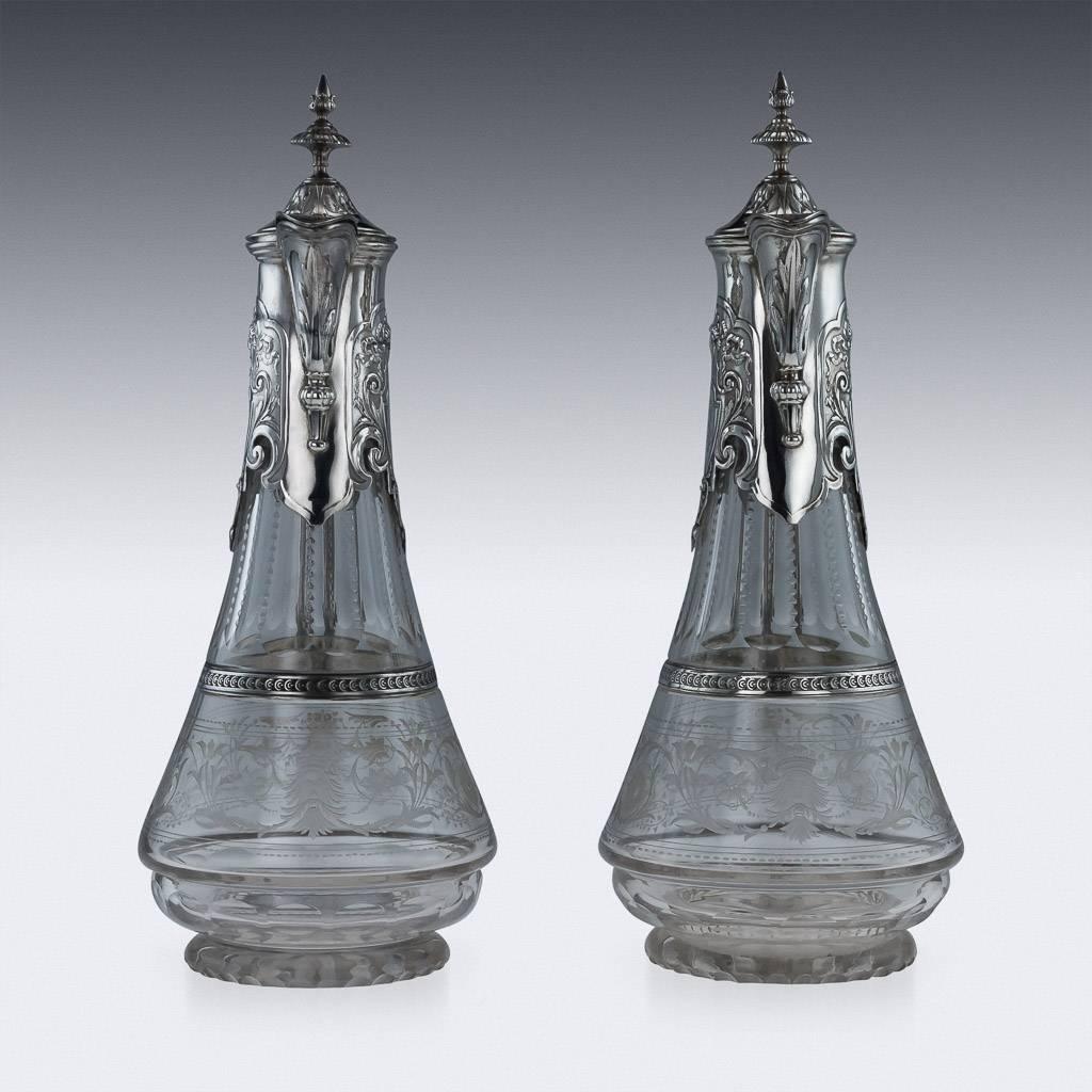 Neoclassical Revival 19th Century German Solid Silver & Etched Glass Pair of Claret Jugs, circa 1890