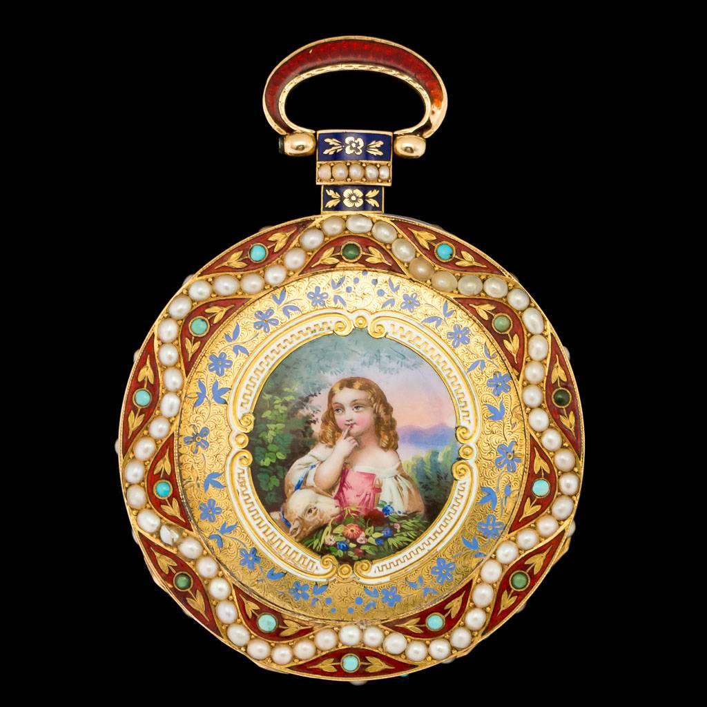 Antique 19th century rare and fine Swiss 18-carat gold open face repeating verge pocket watch, white enamel dial with black numerals, black hands, the other side beautifully enameled, applied with turquoise and pearls. The watch comes in a later