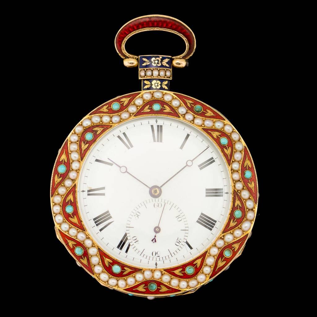 19th Century Antique Swiss Gold & Enamel Open Face Repeating Verge Pocket Watch, circa 1850