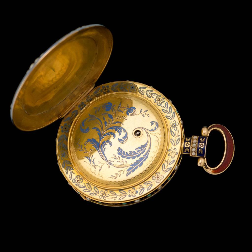 Antique Swiss Gold & Enamel Open Face Repeating Verge Pocket Watch, circa 1850 2