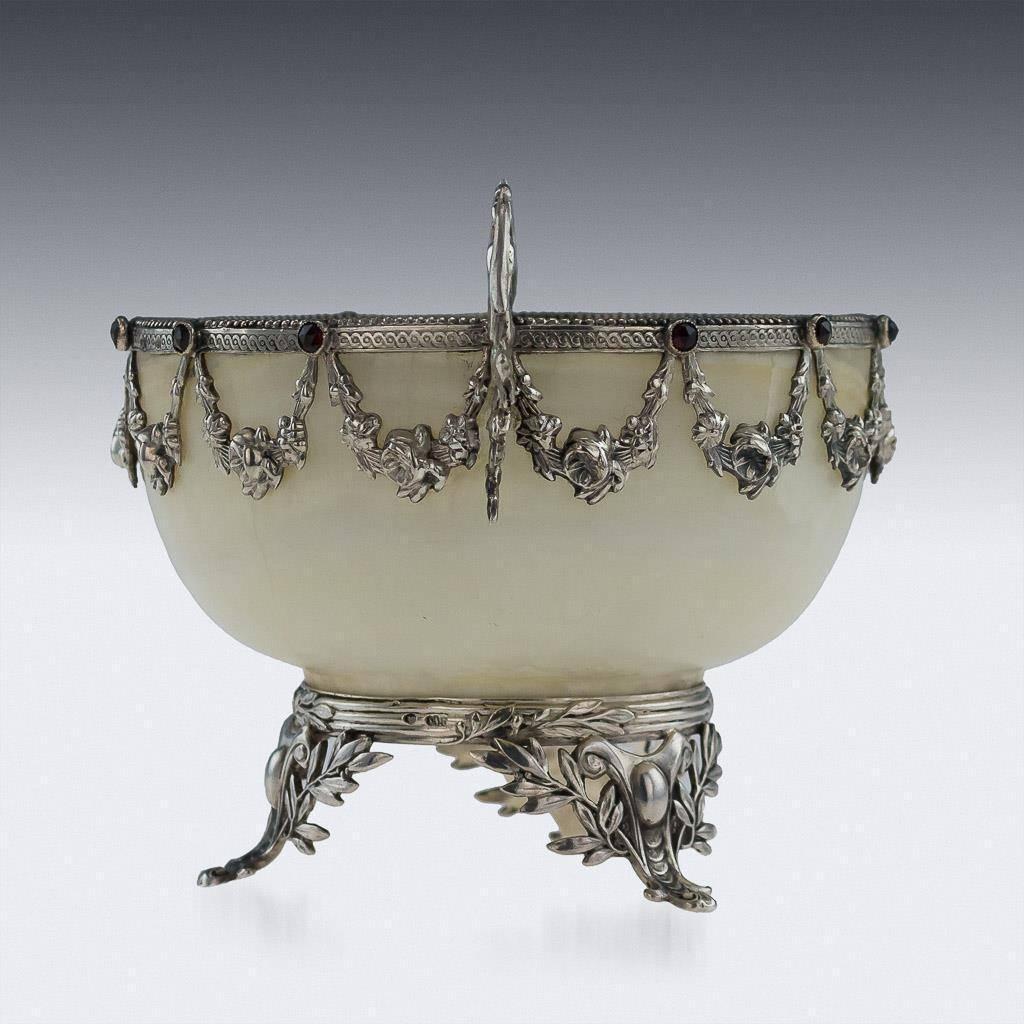 Antique 19th Century Austrian Solid Silver and Gem Set Agate Bowl, circa 1880 In Excellent Condition In Royal Tunbridge Wells, Kent