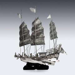 Antique Chinese Solid Silver War Junk Boat, Wo Long, Canton, circa 1880