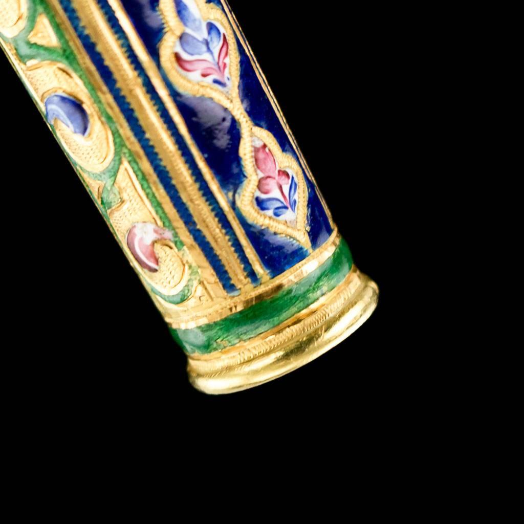 Asian Antique Qajar Rare Polychrome Enameled Gold Cane Handle, circa 1850