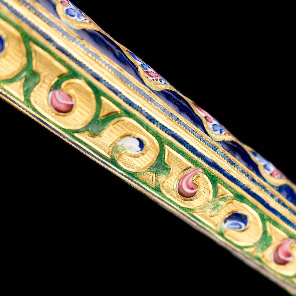 Mid-19th Century Antique Qajar Rare Polychrome Enameled Gold Cane Handle, circa 1850