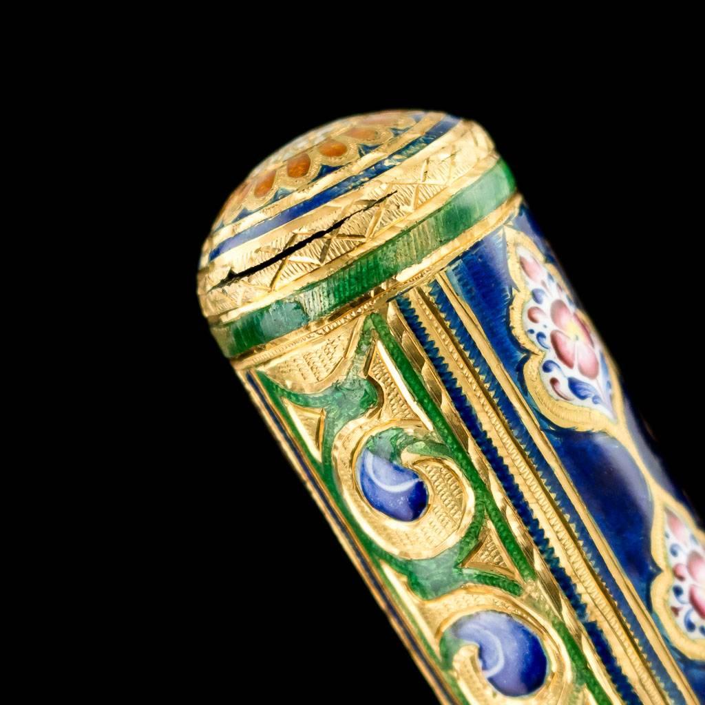 Antique Qajar Rare Polychrome Enameled Gold Cane Handle, circa 1850 3