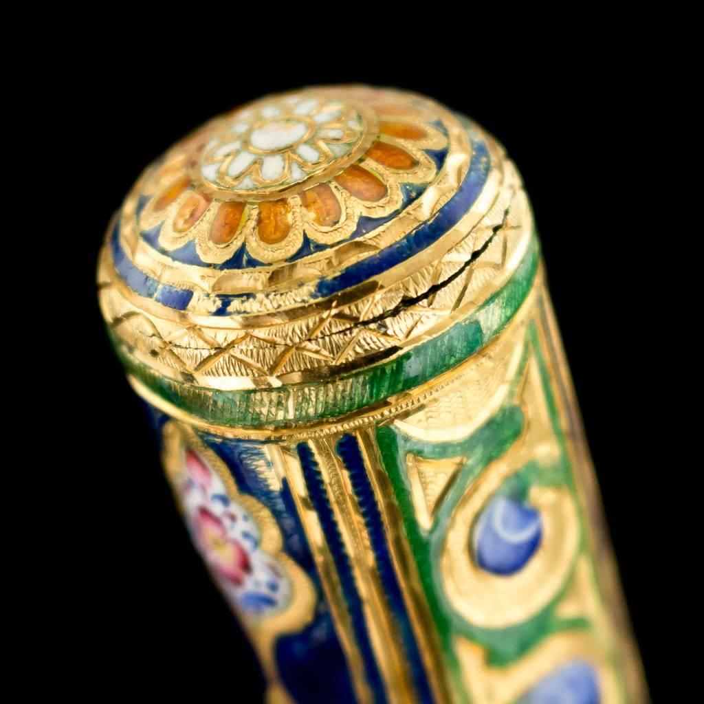 Antique Qajar Rare Polychrome Enameled Gold Cane Handle, circa 1850 4