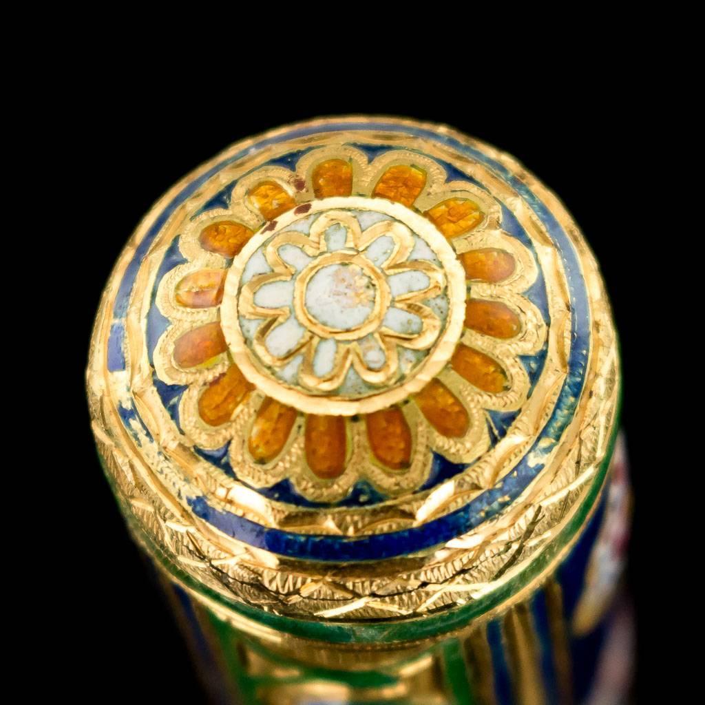 Antique Qajar Rare Polychrome Enameled Gold Cane Handle, circa 1850 5