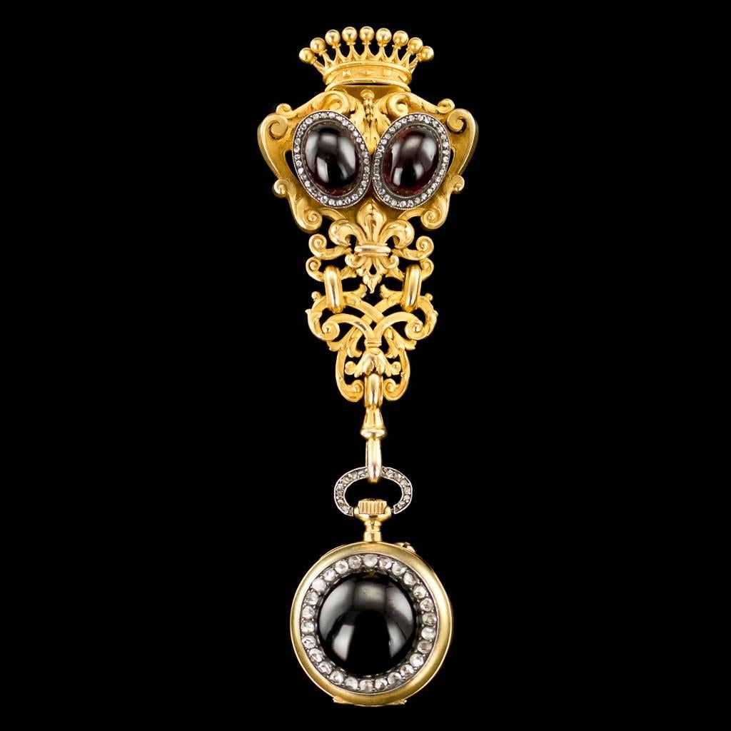 Victorian Antique Swiss 18-Karat Gold, Diamond and Garnet-Set Watch Chatelaine, circa 1870