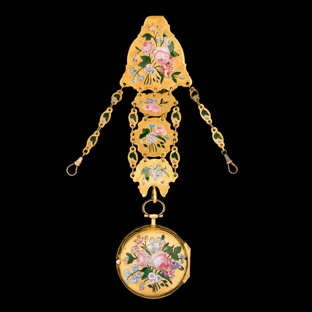 Description

Antique early-18th century rare English 18-carat gold and enamel open face watch with matching chatelaine. Gilt-finished verge movement, chain fusée, finely pierced and engraved scroll decorated balance cock and foot, white enamel