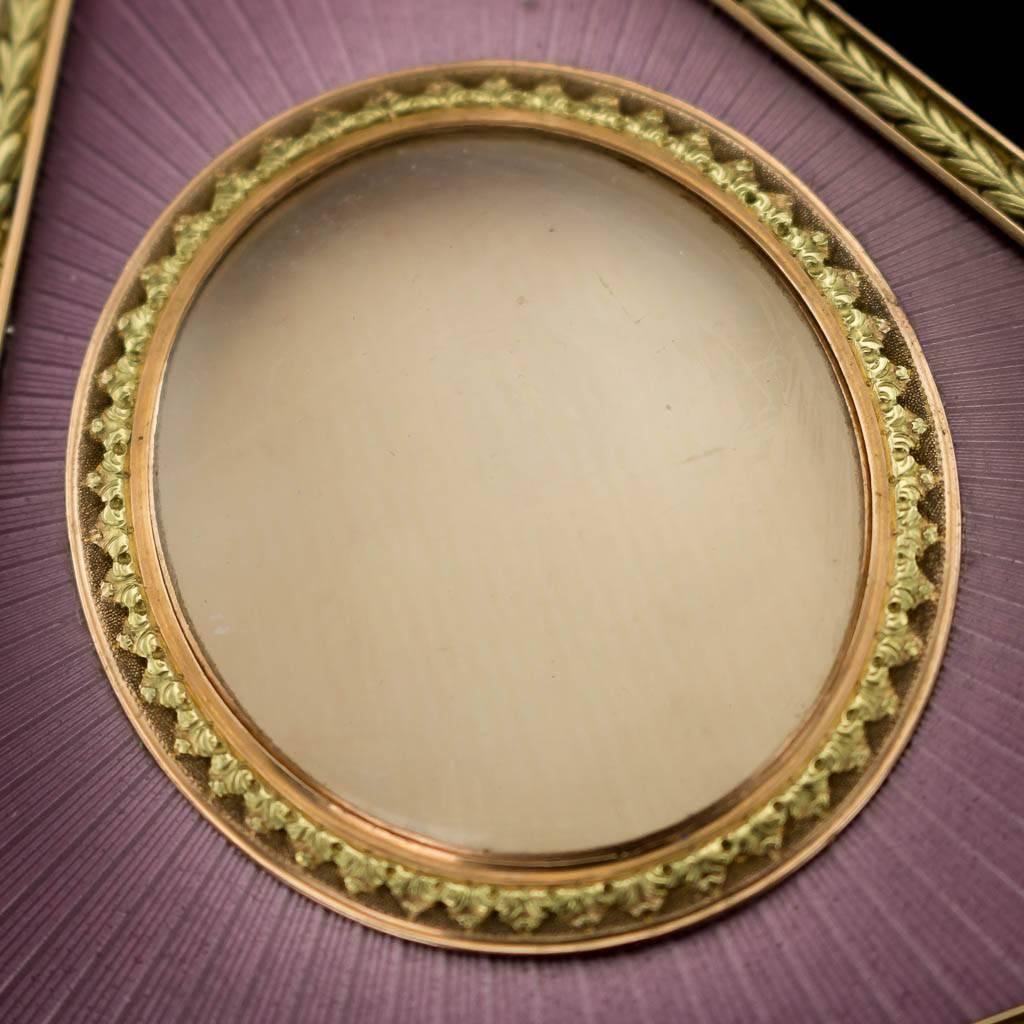 20th Century Manner of Faberge Two-Color Gold-Mounted and Guilloche Enamel Photograph Frame