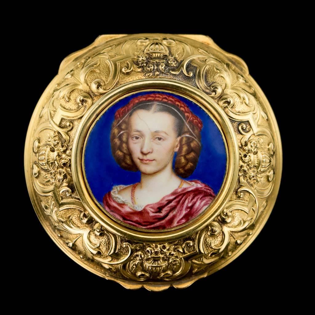 Antique mid-18th century French 18-karat solid gold and enamel miniature watch case / patch box, round shaped, very finely embossed and the lid mounted with a hand painted enamel miniature of a young lady, lid applied with elegantly shaped