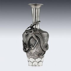 Antique 19th Century Chinese Unusual Solid Silver Dragon Vase, circa 1860