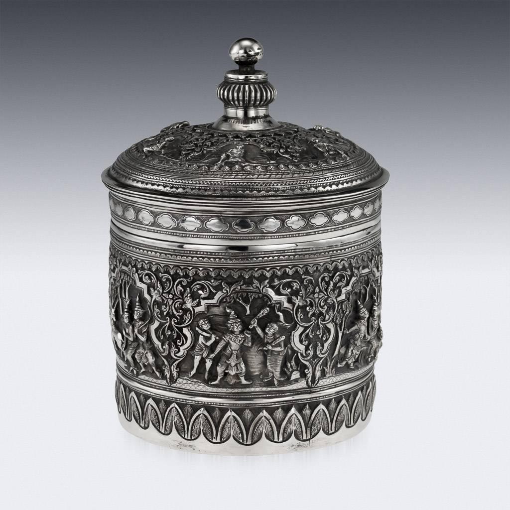 Antique 20th Century Burmese Outstanding Solid Silver Betel Box, Rangoon In Excellent Condition In Royal Tunbridge Wells, Kent