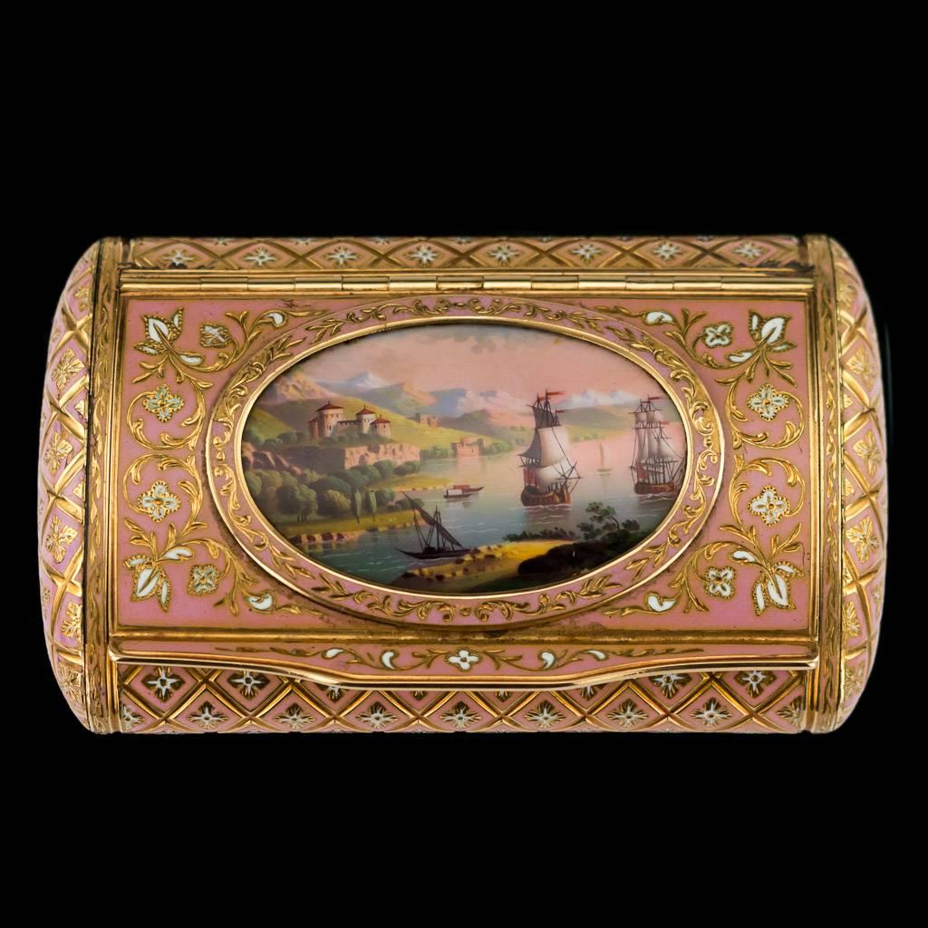 Antique early 19th century Swiss 18-karat solid gold and enamel snuff box made for the Ottoman market, oblong cushion shaped, the lid inset with an oval enamel panel painted in opaque and translucent enamels with an idealized historic view of the