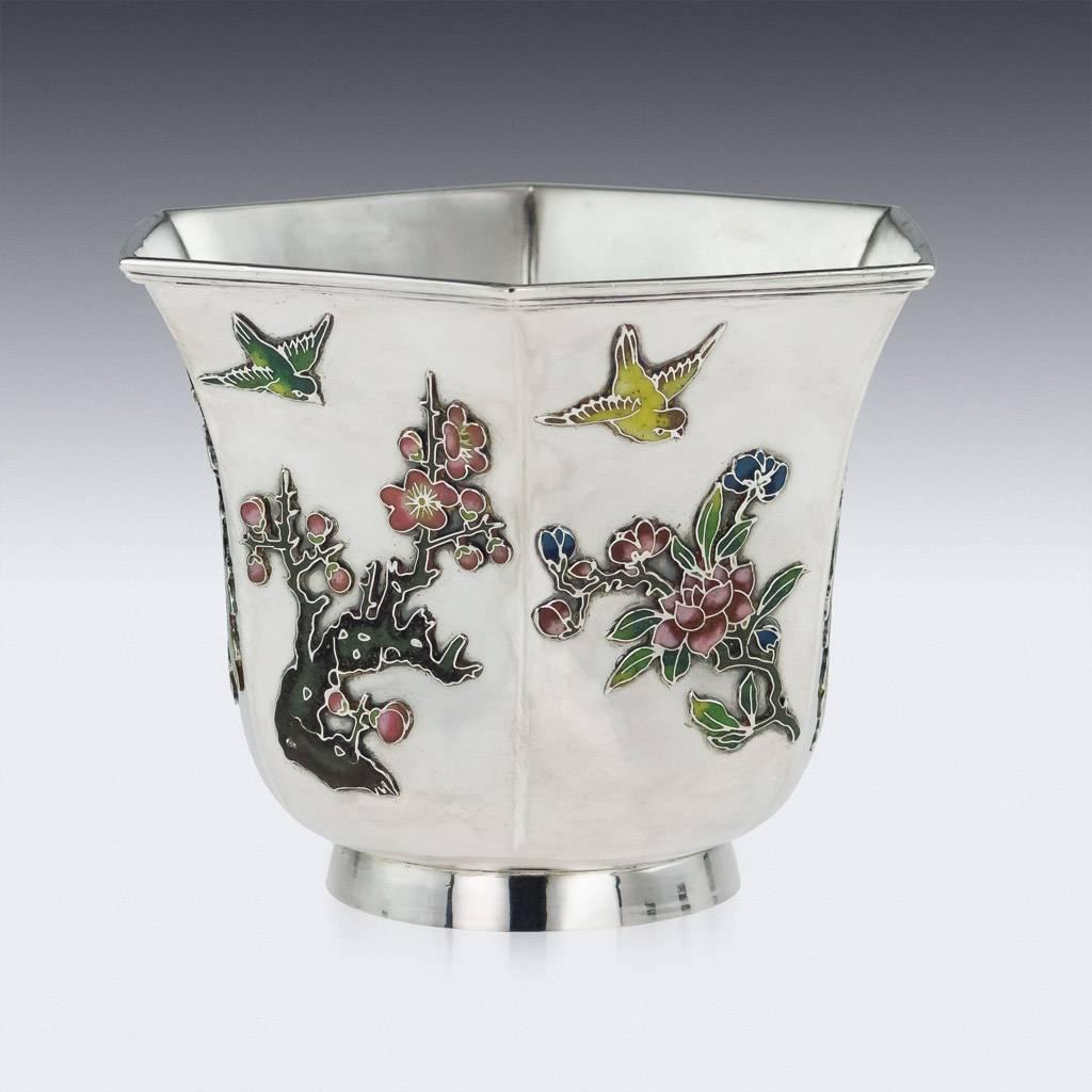 Antique 19th Century Rare Chinese Export Wang Hing Solid Silver and Enamel Bowl In Excellent Condition In Royal Tunbridge Wells, Kent