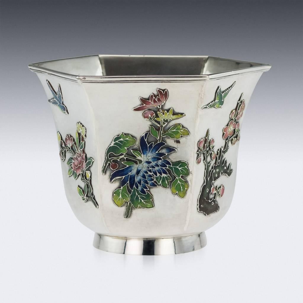 Antique 19th century extremely rare Chinese export Wang Hing solid silver and enamel bowl, the hexagonal bowls straight sides are applied with shaded enamel, depicting blooming chrysanthemums and cherry blossom, with exotic birds in flight. The bowl