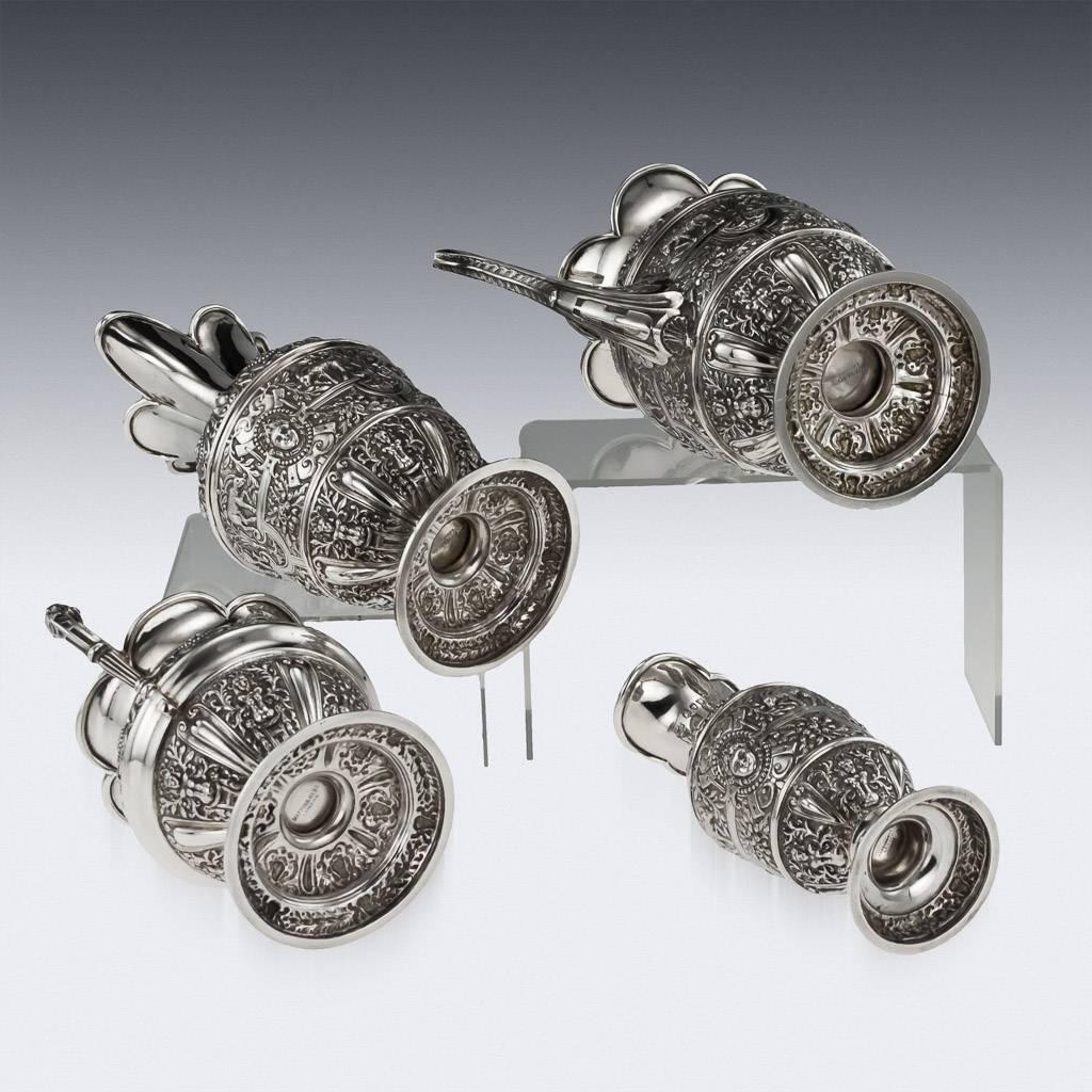 English Antique 19th Century Victorian Solid Silver Cellini Tea Service, Mappin & Webb