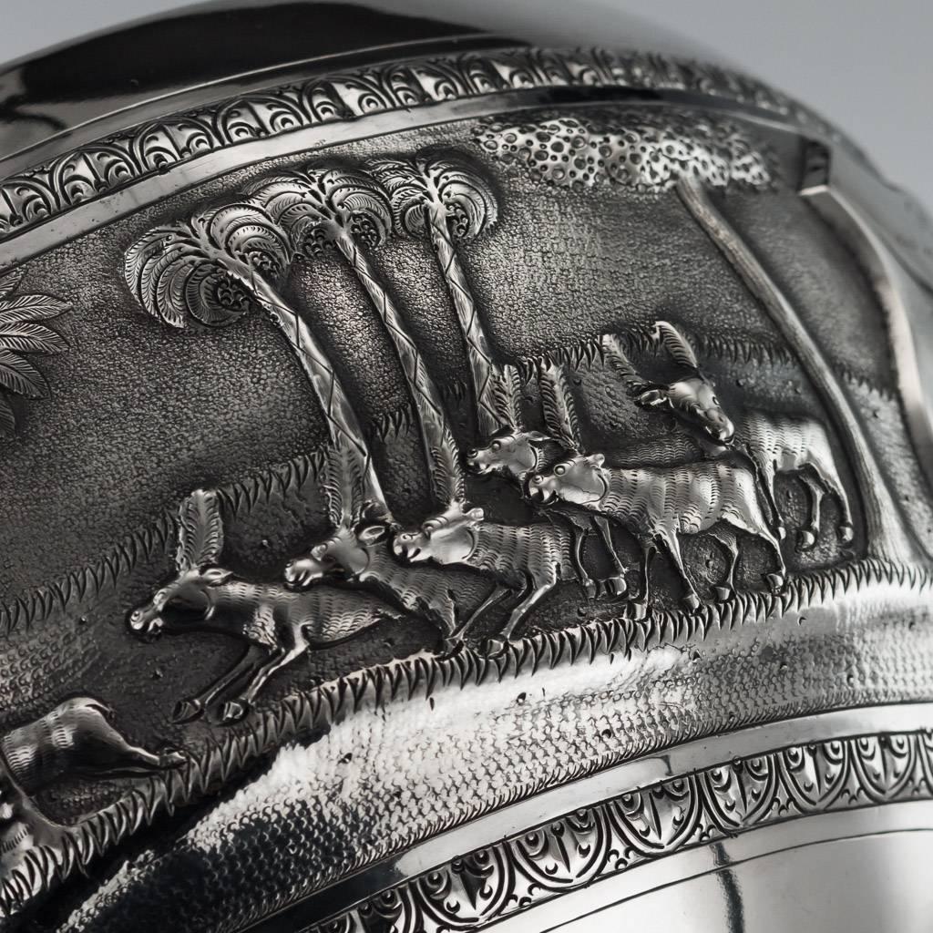 Repoussé Antique 20th Century Indian Solid Silver Hunting Bowl, a. Bhicajee & Co, Bombay